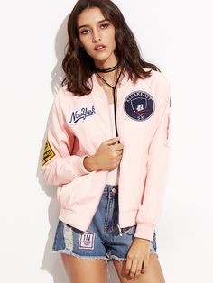 Shop Pink Embroidered Patch Zipper Bomber Jacket online. SheIn offers Pink… Bershka Jacket, Chic Blazer, Racer Jacket, Racing Jacket, Types Of Jackets, Jackets Online, Embroidered Patch, Pink Fashion, Affordable Fashion