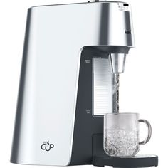 a close up of a coffee maker with a cup on the side and water coming out of it