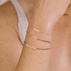 14k Gold Custom Itty Bitty Letters Curb Chain Bracelet Name Bracelet Gold, Letters Bracelet, Tall Letters, Curb Chain Bracelet, Letter Bracelet, Diamond Mosaic, Gold Top, Name Bracelet, Princess Diamond