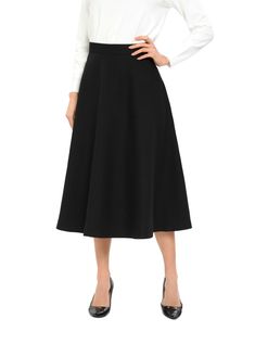 This classic black knee-length skirt is the perfect addition to any wardrobe. Its simple and timeless design makes it versatile and easy to wear for any occasion. The skirt falls at the knee, making it an appropriate and modest length. The A-line cut of the skirt creates a flattering silhouette and comfortable fit. It is made with a lightweight and breathable fabric that will keep you cool and comfortable all day long. It is available in sizes XS to XL, and with a length of 31 inches, it can acc