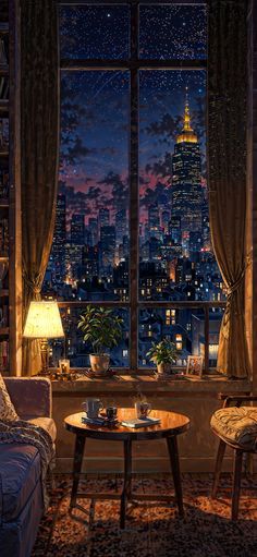 a living room filled with furniture and a large window overlooking the city at night time