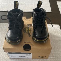 Dr. Marten Baby Boot, Brand New, Size 4, Crinkle Metallic, Black, Sold With Box Goth Baby Aesthetic, Goth Baby Stuff, Goth Baby Room, Baby Doc Martens, Baby Dr Martens, Goth Baby Nursery, Gothic Baby Nursery, Punk Baby