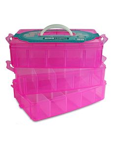 three pink plastic storage boxes with handles and dividers on the top one is empty