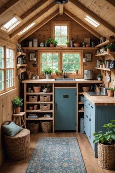 a kitchen with lots of wooden shelves and plants