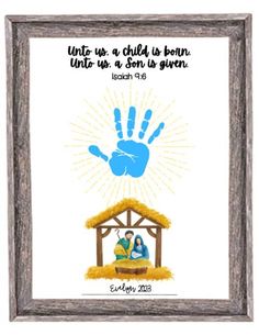 a handprinted nativity scene with the birth of jesus and baby jesus in a manger