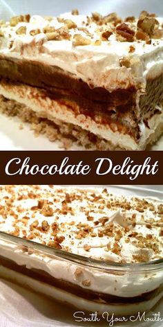 chocolate delight layered dessert with white frosting and chopped walnuts