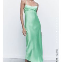 Our Of Stock On Website Green Formal Slip Dress For Summer, Chic Silk Maxi Dress By Zara, Chic Zara Silk Maxi Dress, Chic Green Slip Dress, Zara Chic Satin Maxi Dress, Casual Green Slip Dress For Evening, Chic Zara Satin Maxi Dress, Zara Slip Dress For Summer Formal Events, Zara Summer Slip Dress For Formal Occasions