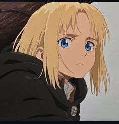 an anime character with blonde hair and blue eyes looks at the camera while wearing a black coat