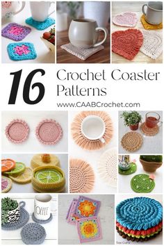 crochet coasters and potholders are featured in this collage with the words 16 crochet coaster patterns