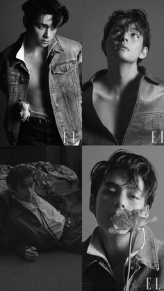 four different shots of men in denim jackets and jeans, one with his mouth open