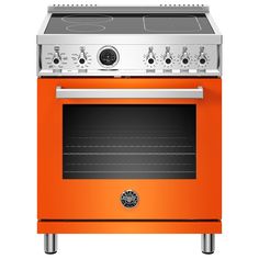 an orange stove with two burners and one oven door open, on a white background