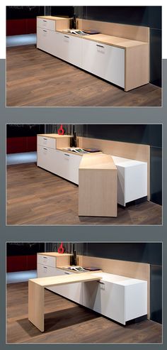 three different views of an office desk with drawers and cupboards on each side, in front of a wooden floor