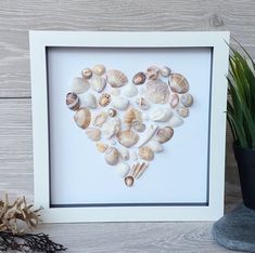 a heart made out of seashells in a white frame next to a potted plant