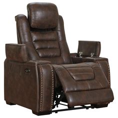 the reclining chair is brown with studding on it