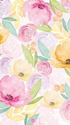 watercolor flowers on white background with green leaves and pink, yellow, purple, and orange colors