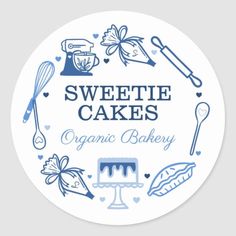 the logo for sweetie cakes organic bakery, with blue and white designs on it