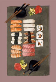 sushi and chopsticks on a plate with red flowers in the background, watercolor