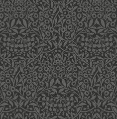 a black and grey wallpaper pattern with flowers on the bottom, and leaves in the middle