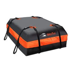 an orange and black duffle bag with the word meer on it's side