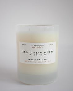 A hand made premium soy wax blend candle with a double cotton wick in a glass jar. A sultry and seductive blend; Tobacco leaf, sandalwood, talc + marigold with a light base of vanilla. A studious concoction to warm the night and your soul. Hand made in Virginia, in small batches 10% of profits donated to animal rescue Sydney Hale Co. was established in Arlington, Virginia in 2008 and is now operated out of a small studio in Purcellville, VA. Their objective has always been to formulate beautiful Sandalwood Scent, Room Fragrances, Natural Soy Candles, Candle Smell, Hand Poured Candle, Work Organization, Scented Soy Candles, Glass Containers, Soy Wax Candles