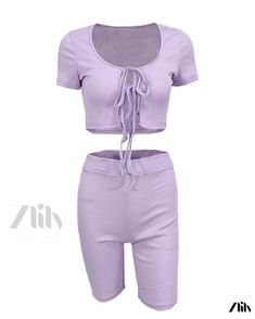 Zlily - Fashionable Short Crop Top with Tie Strap and Shorts Set Casual 2-piece Set For Spring, Casual 2 Piece Set For Spring, Stretch Solid Color Summer Sets, Trendy Stretch Sets For Day Out, Non-stretch Spring Sets For Day Out, Spring Non-stretch Day Out Sets, 2-piece Sets For Day Out In Spring, Trendy Purple Sets For Summer, Spring Stretch Purple Sets