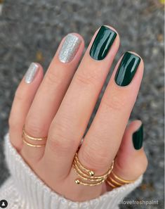 green and silver holiday nail insp. christmas nails simple. Christmas Mani, Popular Nail Colors, Glitter Polish, Natural Nail Care, S Nails, Gold Glitter Nails, Holiday Nail Designs, Manicure Inspiration, October Nails