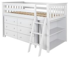 a white bunk bed with a ladder next to it's drawers and bottom shelf