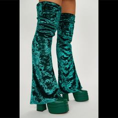 Brand New In Box Green Velvet Skirted Thigh High Boots 6" (Approx) Chunky Block Heels Tiered Platform Leatherette Body With Inner Side Zip Lining To Keep You Warm Top Opening 20" (Approx) Total Height 29" (Approx) Green Heeled Boots For Winter Party, Chic Green Heeled Boots For Party, Casual Green Bottoms For Winter Party, Knee-high Platform Boots For Spring Party, Green Boots For Fall Party, Green Fall Party Boots, Green Platform Boots For Party, Trendy Green Platform Boots For Party, Trendy Green Heeled Boots For Party