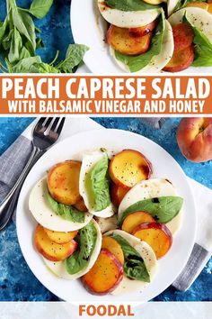 peach caprese salad with balsamic vinegar and honey on a white plate