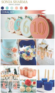 the color scheme for this wedding is peach, blue and white with gold numbers on it