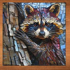 a mosaic painting of a raccoon holding on to a tree