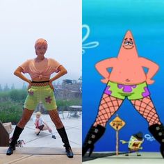 a woman in fishnet shorts standing next to an image of a cartoon character with her hands on her hips