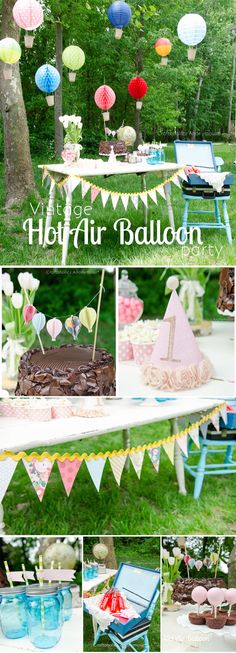 an outdoor birthday party with balloons, cake and decorations