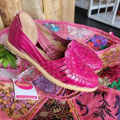 Beautifully Handmade Guaraches In A Bright Fuchsia Hand Tinted Color. Made With Natural Leather Straps Weaved Into Intricate Designs. Slightly Pointed Closed Toe. Flat Sole Style. Very Comfortable. Imported From Mexico. Spring Vacation Woven Leather Huaraches, Spring Woven Leather Slip-on Huaraches, Spring Beach Huaraches With Woven Sole, Pink Leather Huaraches For Summer, Spring Slip-on Huaraches With Woven Sole, Casual Woven Leather Huaraches For Spring, Spring Casual Woven Leather Huaraches, Casual Pink Sandals For Festivals, Pink Leather Huarache Sandals Casual