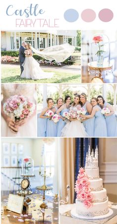 a collage of photos with pink and blue flowers on the bottom, in front of a castle