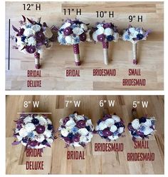 wedding bouquets are arranged on the floor and labeled with measurements for each bride's bouquet