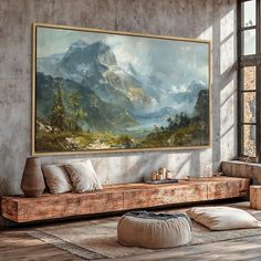 a living room with a large painting on the wall and floor to ceiling windows overlooking mountains