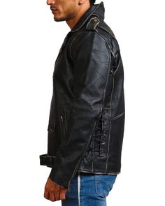 Distressed Black Motorcycle Leather Jacket Add vintage charm to your outfits with the AlexGear black retro distressed biker jacket. A highly unique and standout piece, this jacket is ideal for those seeking to incorporate timeless elements into their everyday fit. It instantly grabs attention with the distressed look throughout the jacket, further enhanced by its lace details on the side. With customization being one of the key features, this black biker jacket showcases an asymmetrical zipper c Black Leather Jacket For Alternative Fashion With Long Sleeves, Black Grunge Leather Jacket For Fall, Black Leather Jacket For Winter In Grunge Style, Black Grunge Leather Jacket For Winter, Black Grunge Biker Jacket For Fall, Black Leather Grunge Jacket For Streetwear, Black Grunge Leather Jacket For Streetwear, Vintage Biker Jacket For Winter Urban Adventures, Black Grunge Biker Jacket For Streetwear