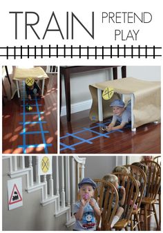 there are pictures of children playing with train tracks on the floor and in front of them