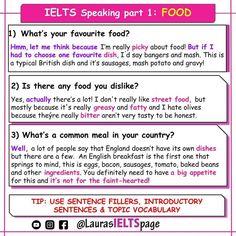 a poster with some words on it that say, ielts speaking part 1 food what's your favorite food?