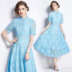 Stand out this summer in our stunning Floral Embroidered Midi Lace Dress! 💐👗 Perfect for any occasion with its Mock Neck and A-Line style. Available in elegant Blue color. #SummerFashion #FloralDress #WomensFashion #MidiDress #LaceDress Prom Dress With Short Sleeves, Stand Neck, Dress With Short Sleeves, Summer White, Lace Dresses, Lace Flower, Lace Midi Dress, Chic Sundress, Lace Flowers