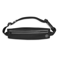 a black fanny bag with silver zippers