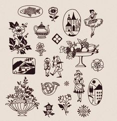 an assortment of decorative stickers in black and white