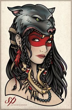 a woman wearing a wolf mask with long hair and braids on her head is shown