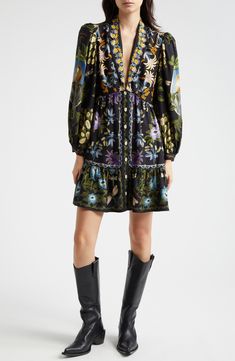 FARM Rio Black Winter Garden Long Sleeve Shirtdress | Nordstrom Farm Rio Dress Outfit, Farm Rio Cardigan, Farm Rio Green Dress, Farm Rio Embroidered Dress, 2024 Clothes, Folk Style Long-sleeved Floral Print Dress, Fall Wardrobe Essentials, Tropical Dress, Blouson Dress