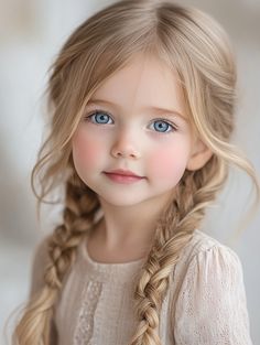 prompt: A close-up portrait of a young girl with long, wavy blonde hair styled in two braids. She has striking blue eyes and rosy cheeks, exuding innocence and curiosity. The background is softly blurred, enhancing her facial features, while her neutral-toned outfit adds to the gentle, dreamy aesthetic, shot by Nikon Long Wavy Blonde Hair, Blonde Baby Girl, Wavy Blonde Hair, Kerchief Hair, Blonde Baby, Blonde Kids, Blue Eyed Baby