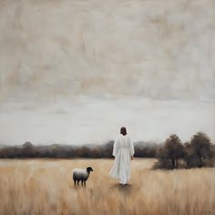 a painting of a person walking in a field with a dog next to it and an overcast sky behind them