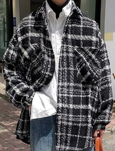 Very out-going and unique style Excellent for covers and layering Ideal to wear on casual or mall dates Medium thick fabric Streets Of Seoul, Checkered Jacket, Winter Plaid, Trendy Streetwear, Men's Korean Style, Woolen Coat, Oversized Jacket, Loose Shirts, Bts Jimin