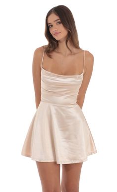 Satin Cowl Neck Dress in Champagne | LUCY IN THE SKY Winter Dance Dresses, Satin Cowl Neck Dress, Cute Hoco Dresses, Bat Mitzvah Dresses, Cute Formal Dresses, School Dance Dresses, Hoco Dresses Tight, Cute Homecoming Dresses, Winter Formal Dresses