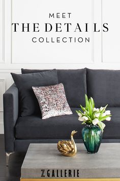 a couch and coffee table in front of a wall with the words meet the details collection